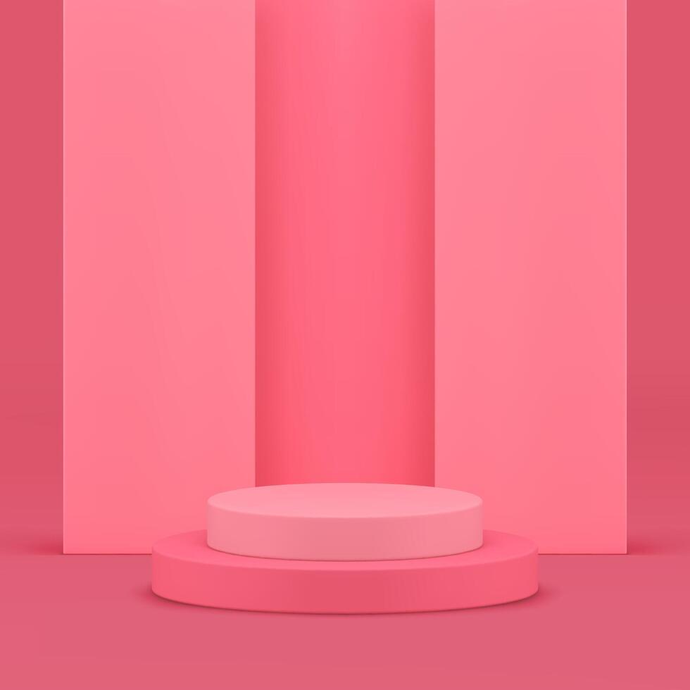 Pink 3d showroom cylinder stand with geometric wall background realistic illustration vector