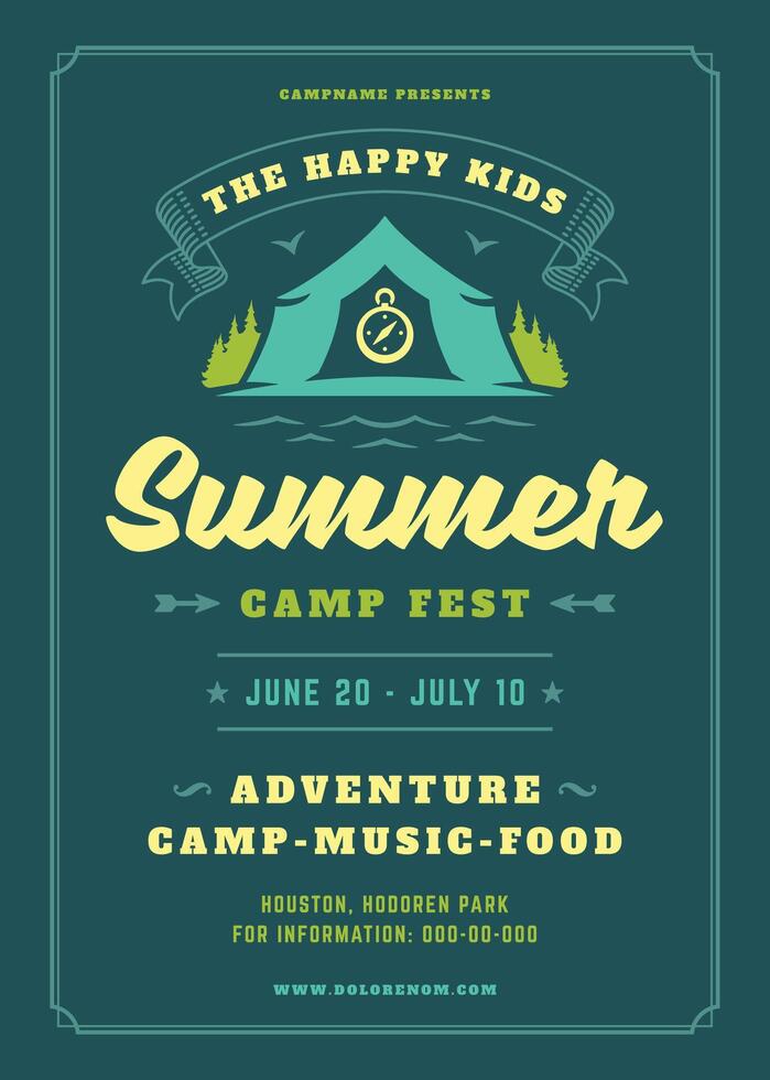 Kids summer camp poster or flyer event retro typography design template and forest lanscape and tent background vector