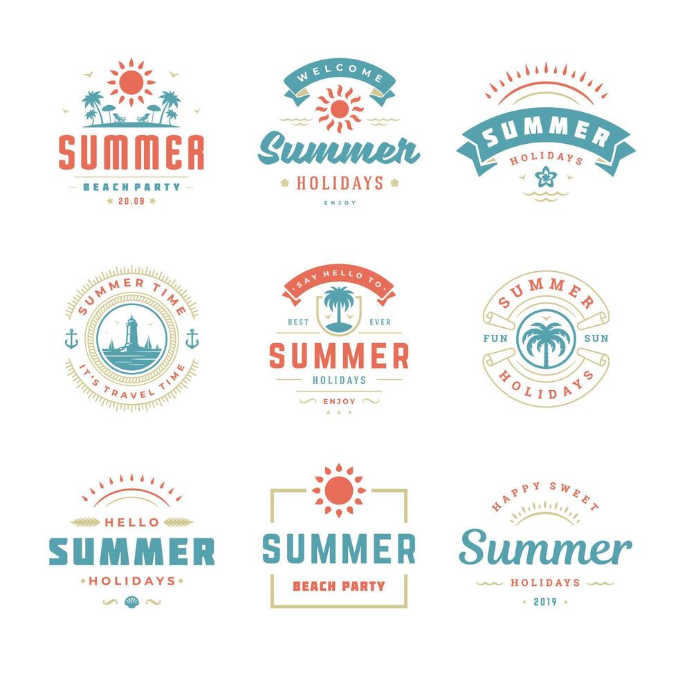 Summer holidays labels and badges retro typography design set. vector