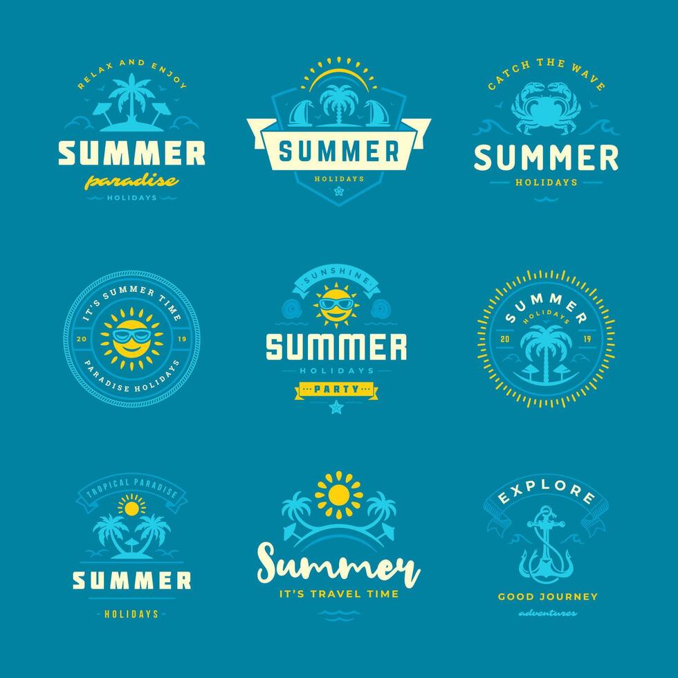 Summer holidays labels and badges retro typography design set. vector