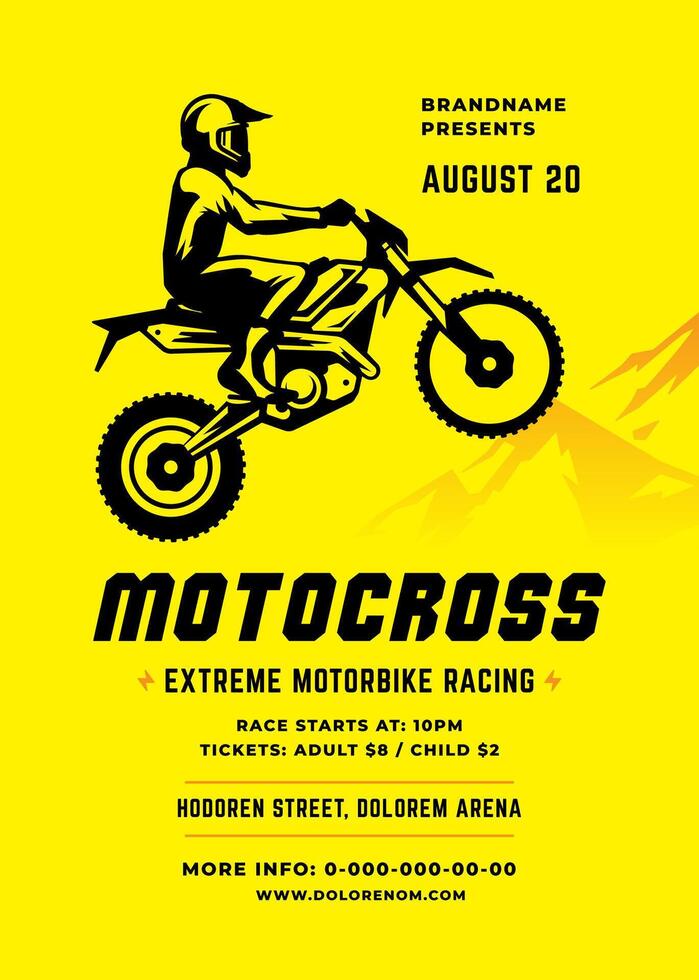Motocross poster or flyer event modern typography design template and off road motorcycle with biker silhouette. vector