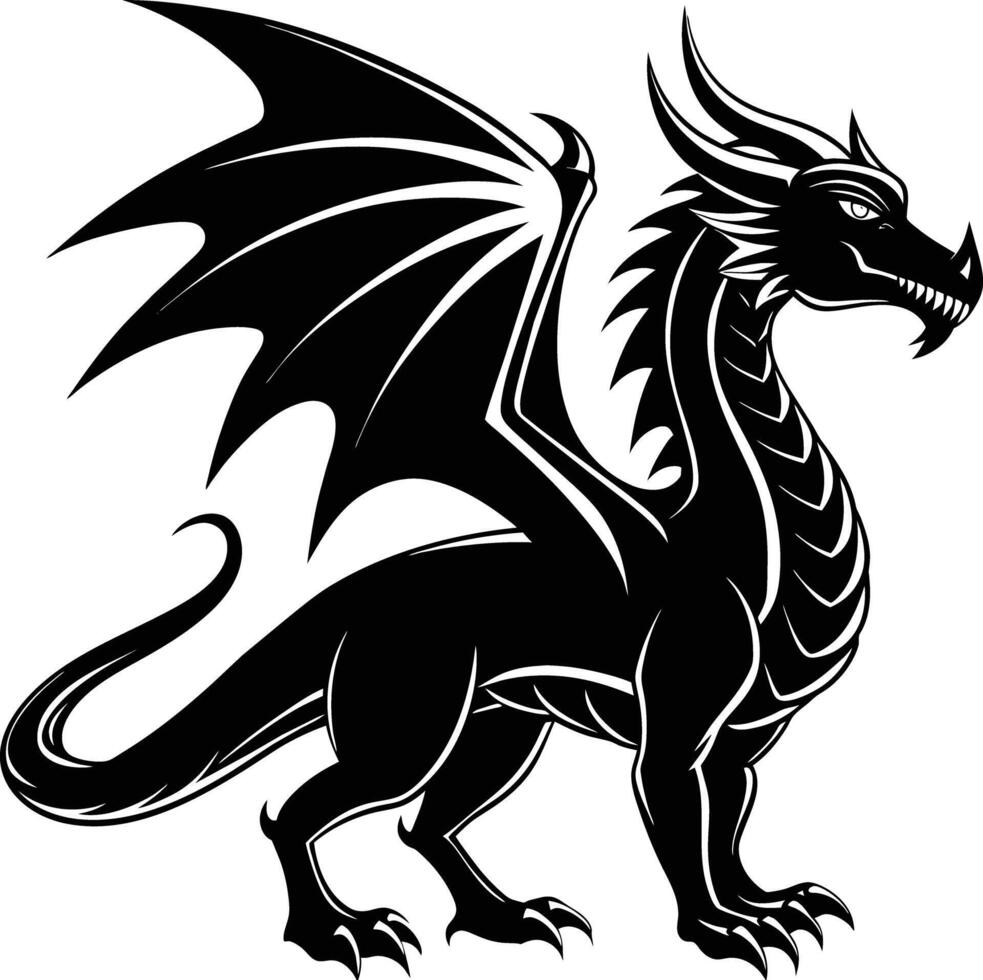 A black silhouette of a dragon with wings vector