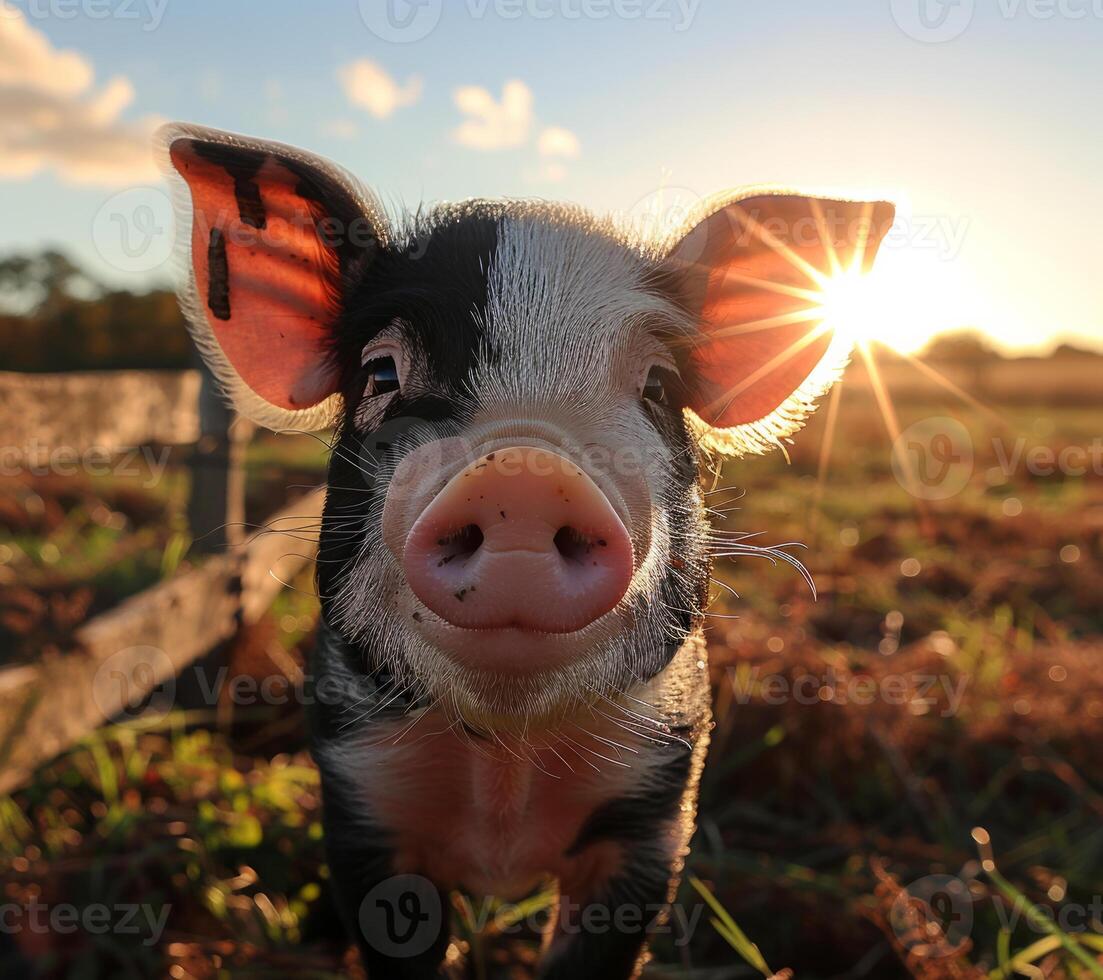 Piglet looks at the camera with the sun setting behind it photo