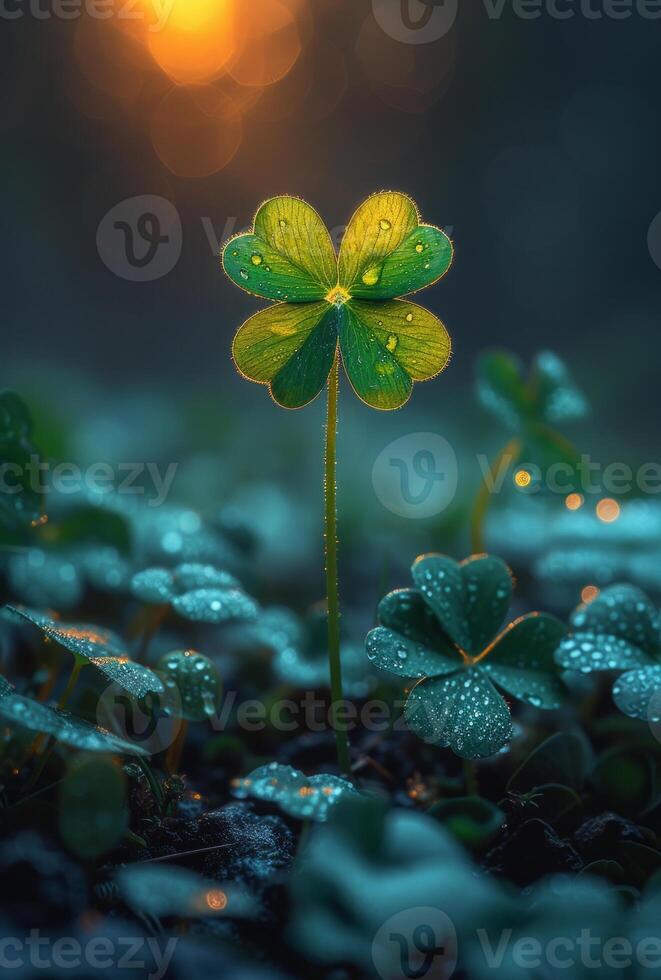 Single four-leaf clover grows in the forest at dawn. photo