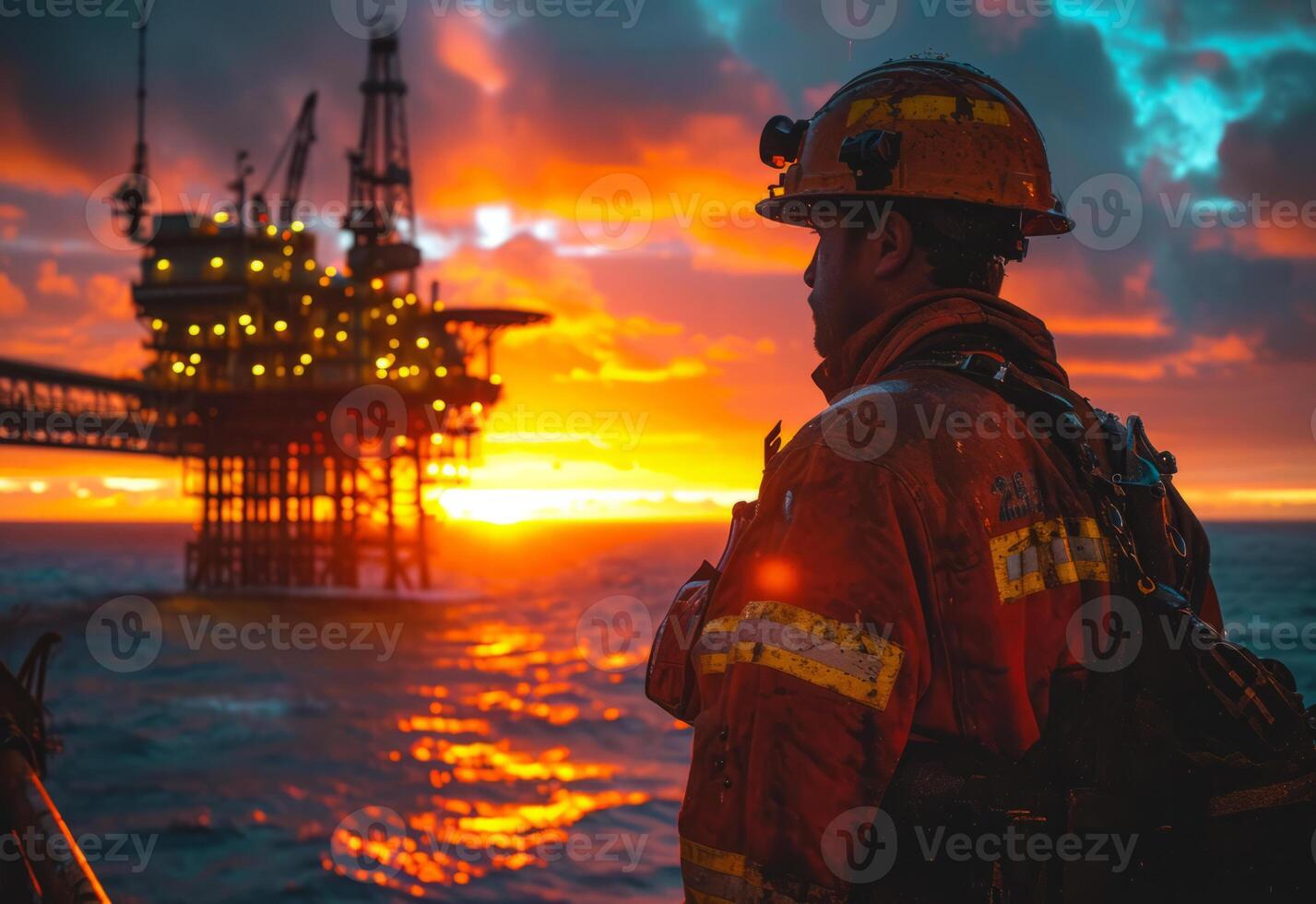 Silhouette of worker looking at offshore oil rig at sunset. photo