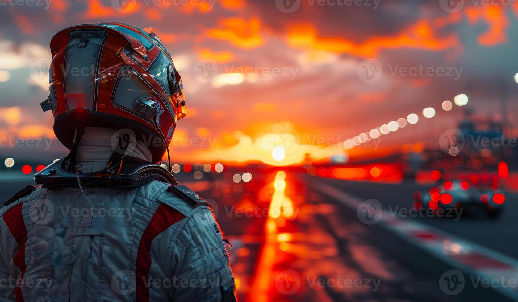 Racer watches the sunset as his car races down the track. photo