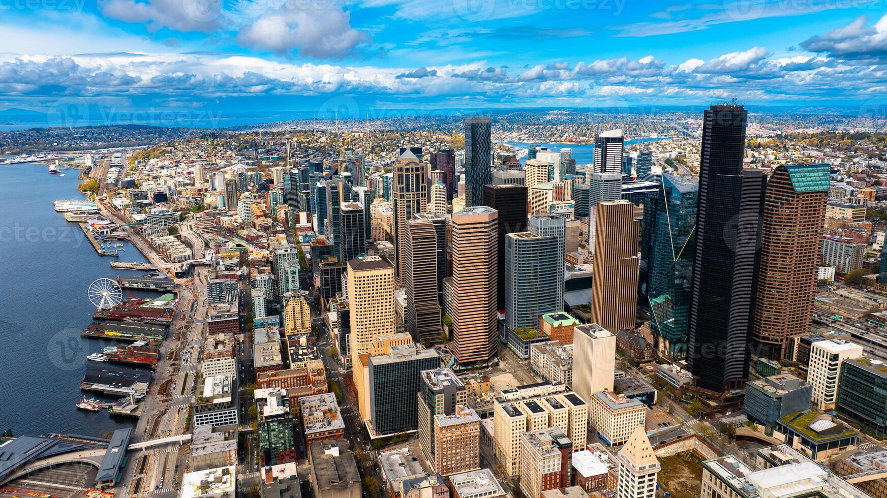 Washington state location downtown drone flying. American city Seattle aerial view. photo