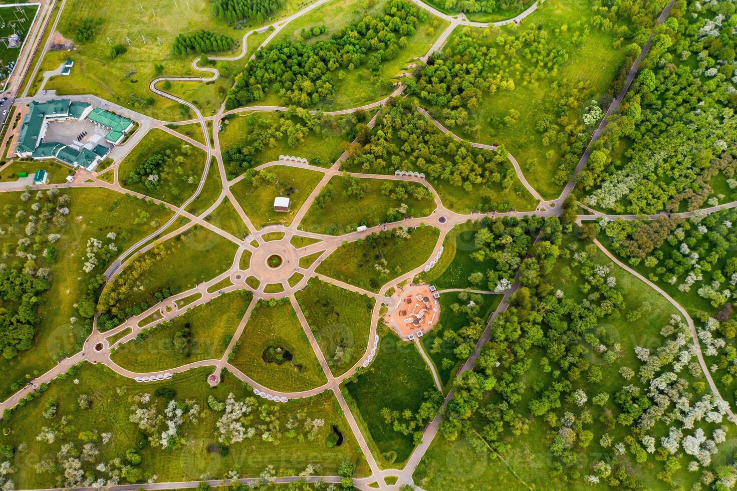 View from the height of the loshitsky Park in Minsk.Winding paths in loshitsky Park.Belarus.Apple orchard photo