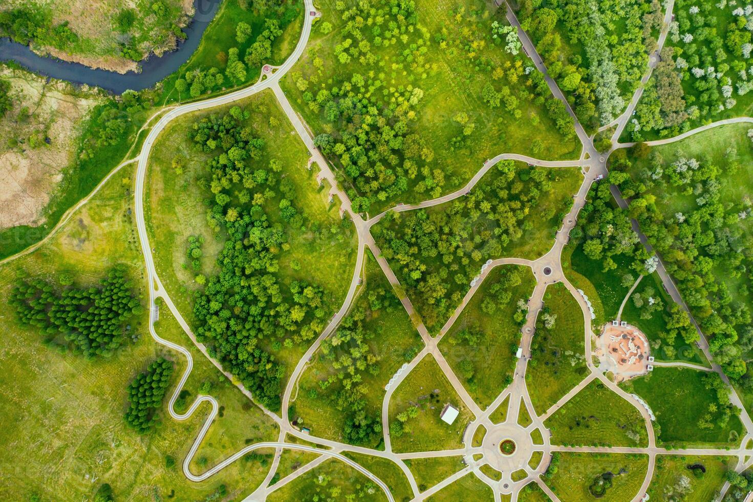 View from the height of the loshitsky Park in Minsk.Winding paths in loshitsky Park.Belarus.Apple orchard photo