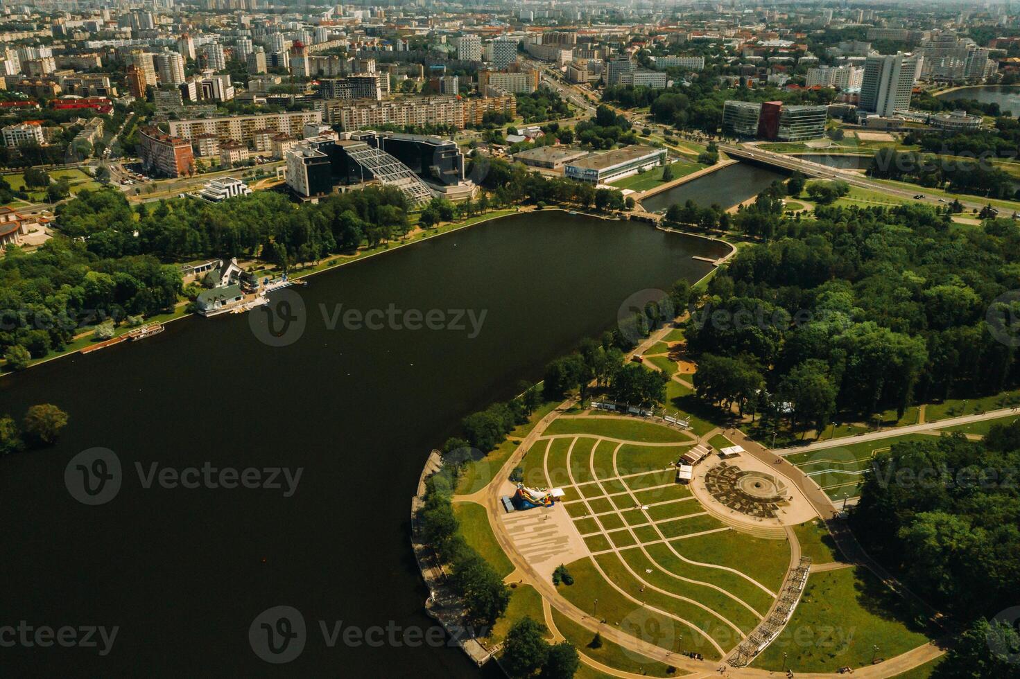 Top view of the victory Park in Minsk and the Svisloch river.A bird's-eye view of the city of Minsk and the Park complex.Belarus photo
