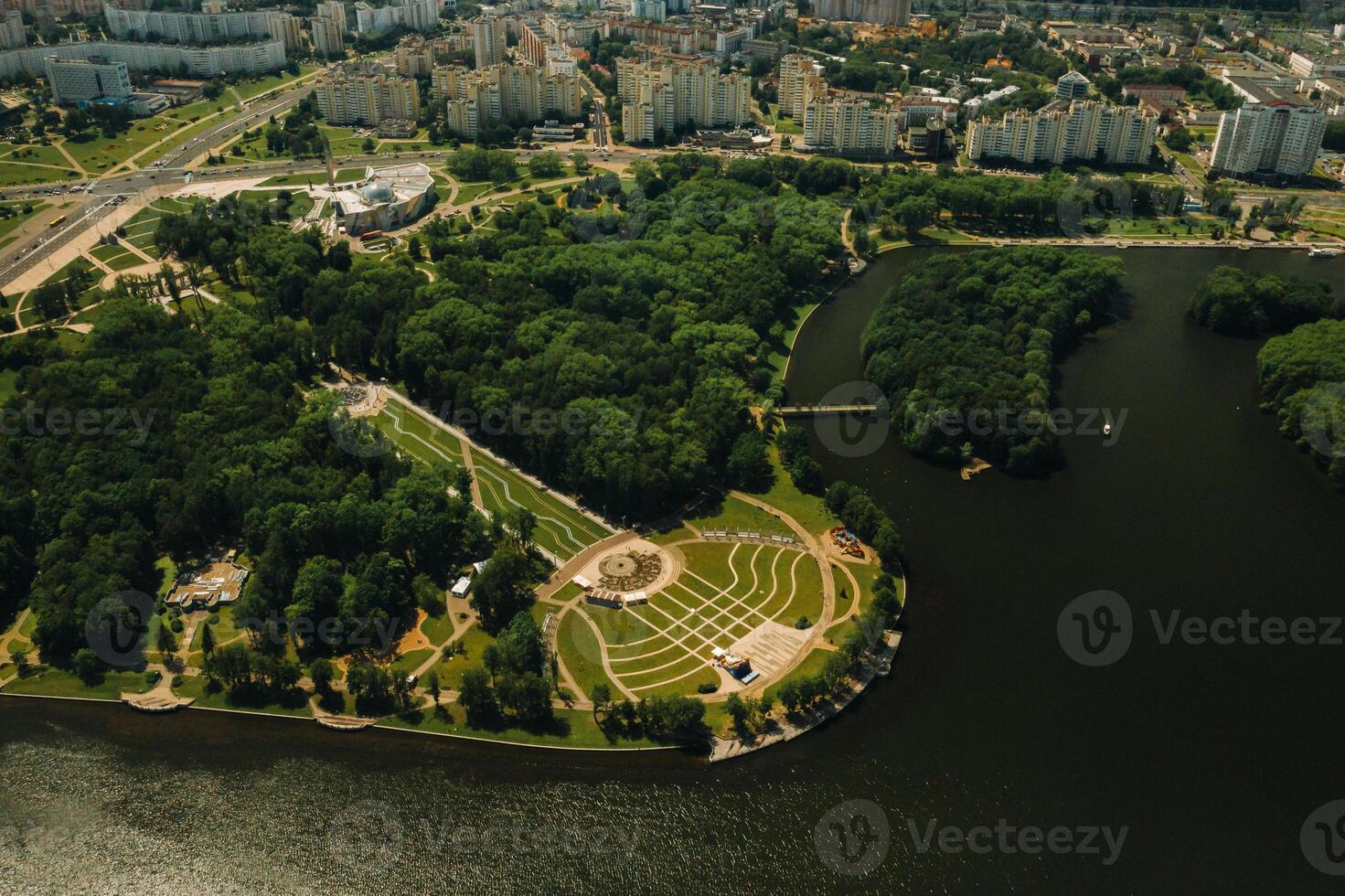 Top view of the victory Park in Minsk and the Svisloch river.A bird's-eye view of the city of Minsk and the Park complex.Belarus photo