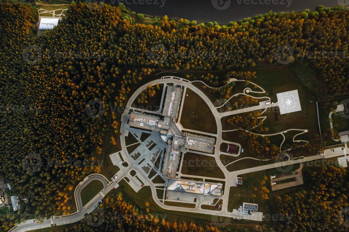 Top view of the Medical center in Zhdanovichi, Minsk, View from the height of the medical center and the helipad.Belarus photo