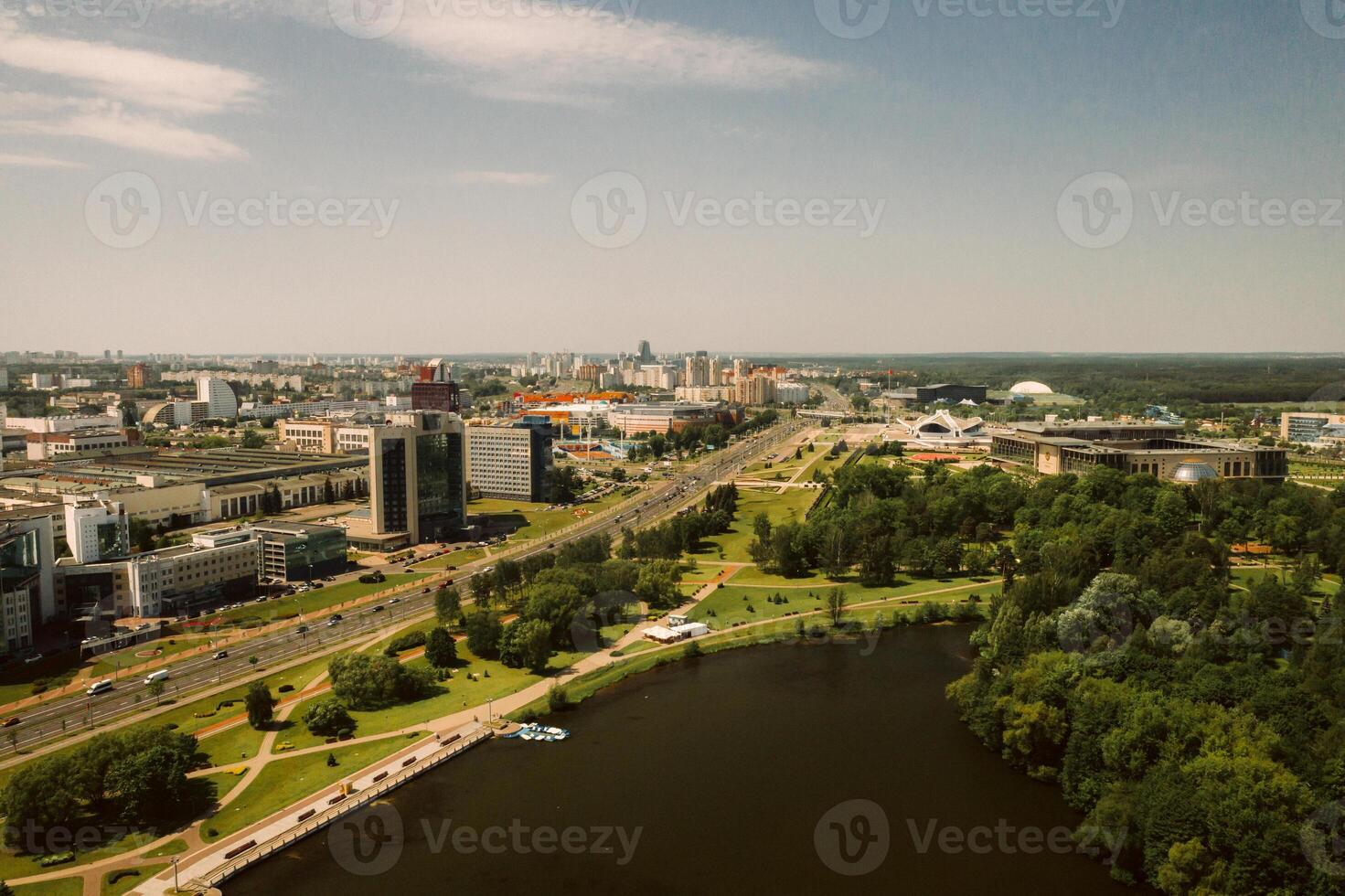 Top view of the victory Park in Minsk and the Svisloch river.A bird's-eye view of the city of Minsk and the Park complex.Belarus photo