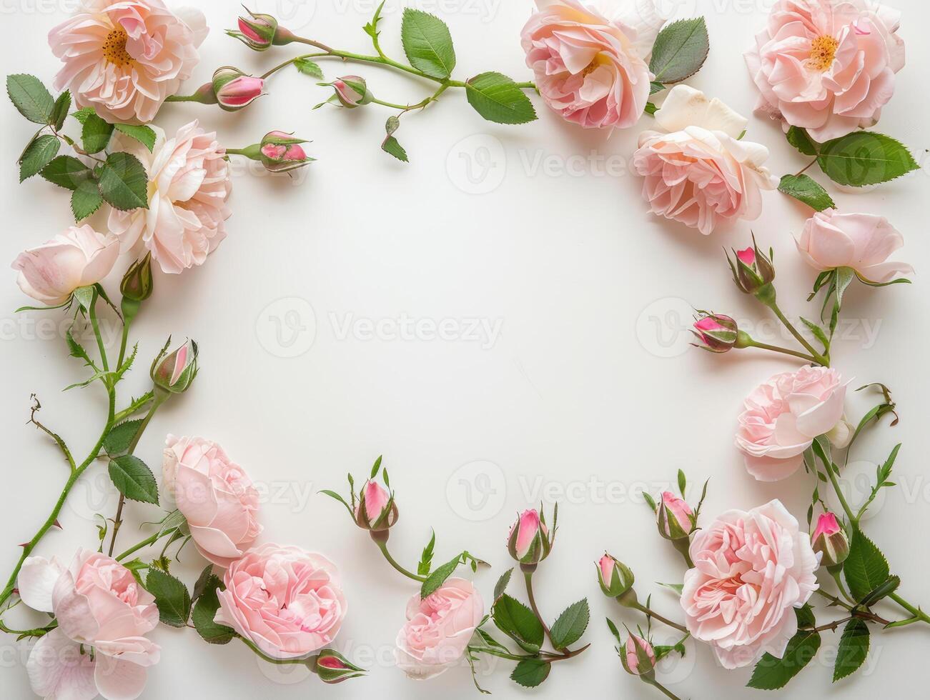 Pale pink roses and petals arranged in circular frame on white background, romantic floral design with copy space, top view. Ai generation photo