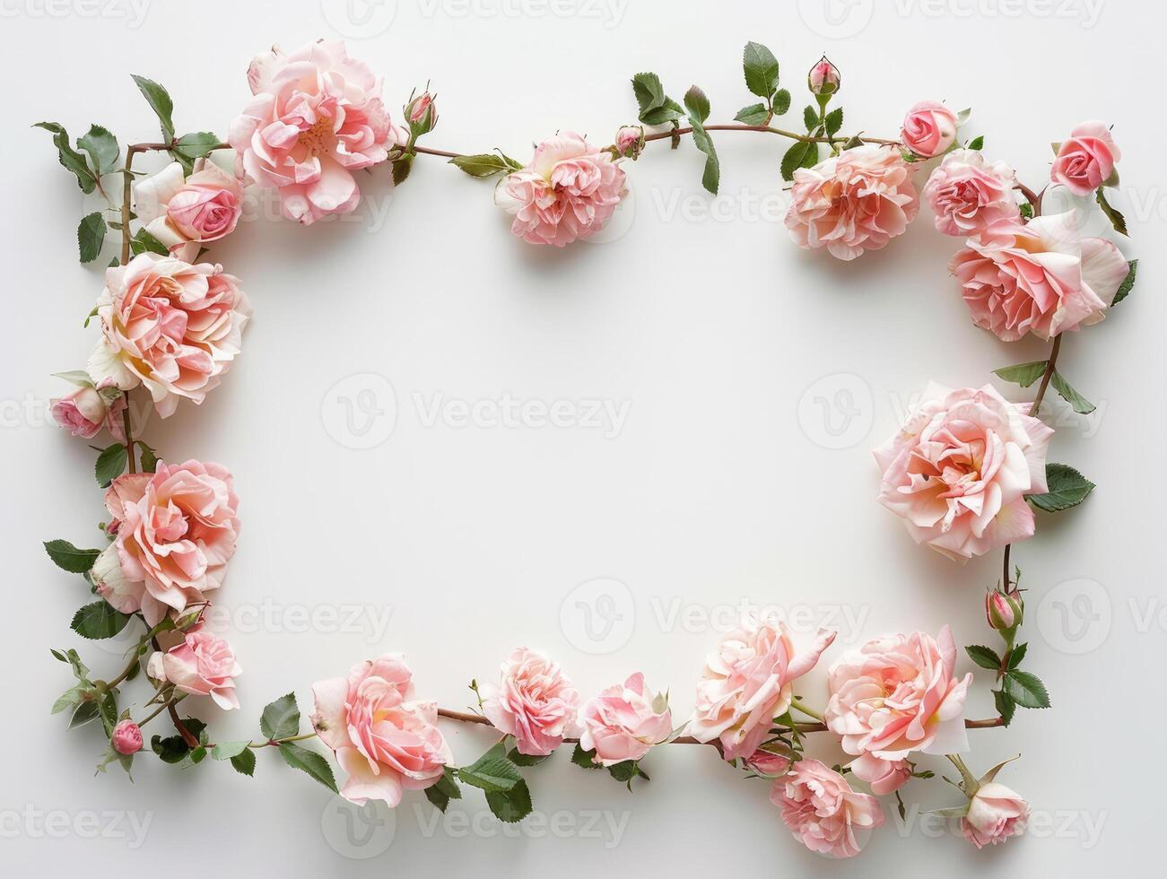 Pale pink roses and petals arranged in circular frame on white background, romantic floral design with copy space, top view. Ai generation photo