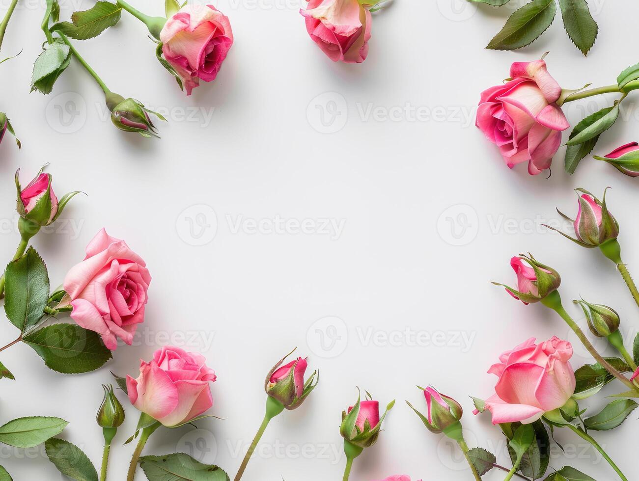 Pink roses with buds and green leaves arranged in frame on white background with copy space, floral flat lay with empty space. Wedding and romantic concepts. Ai generation. photo