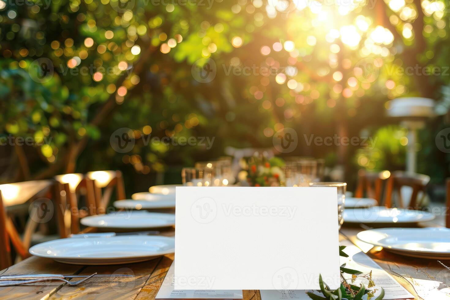 Outdoor dining setup with empty white menu on a rustic wooden table, elegant tableware and nature background. For restaurant and alfresco dining concept with copy space. Ai generation photo