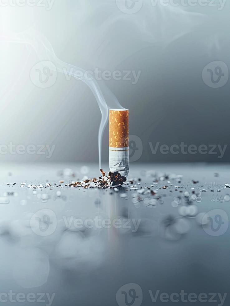 Single standing cigarette with smoke rising and scattered ashes on reflective surface with blurred background with empty space. Health risks and addiction theme concept. Ai generation. photo