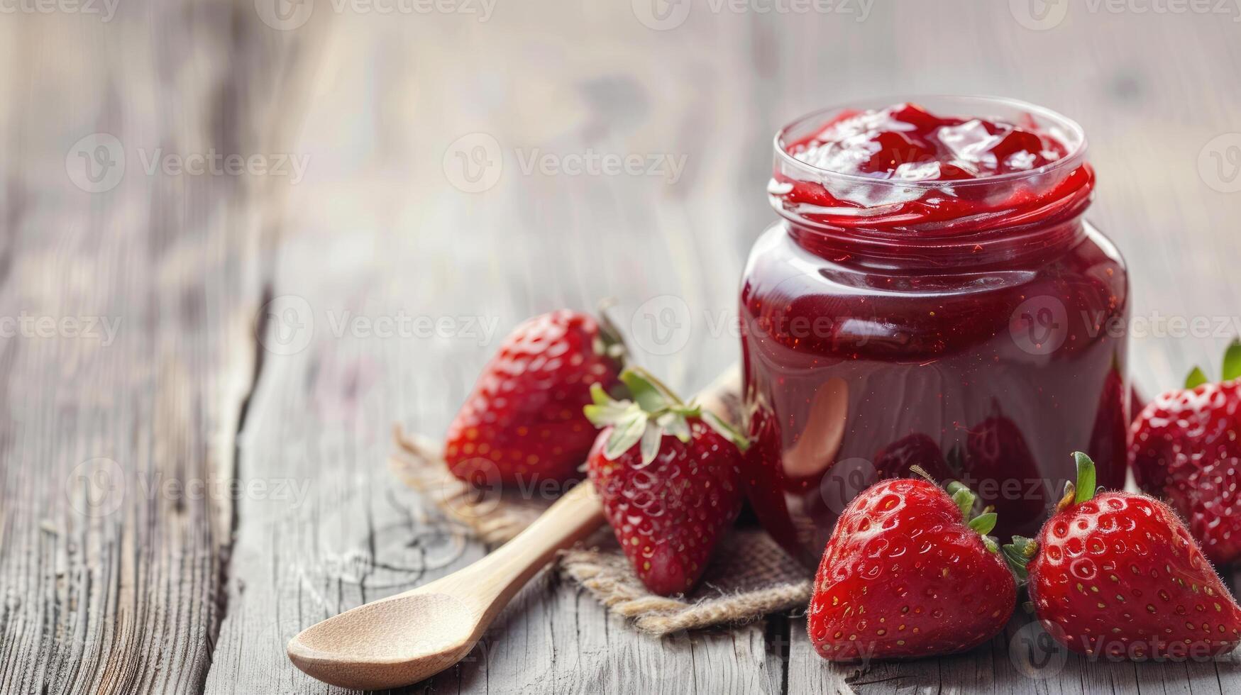 Homemade strawberry jam in glass jar with fresh strawberries on rustic wooden table. Gourmet food and preservation concept. Delicious fruit spread for design and culinary arts. Ai photo