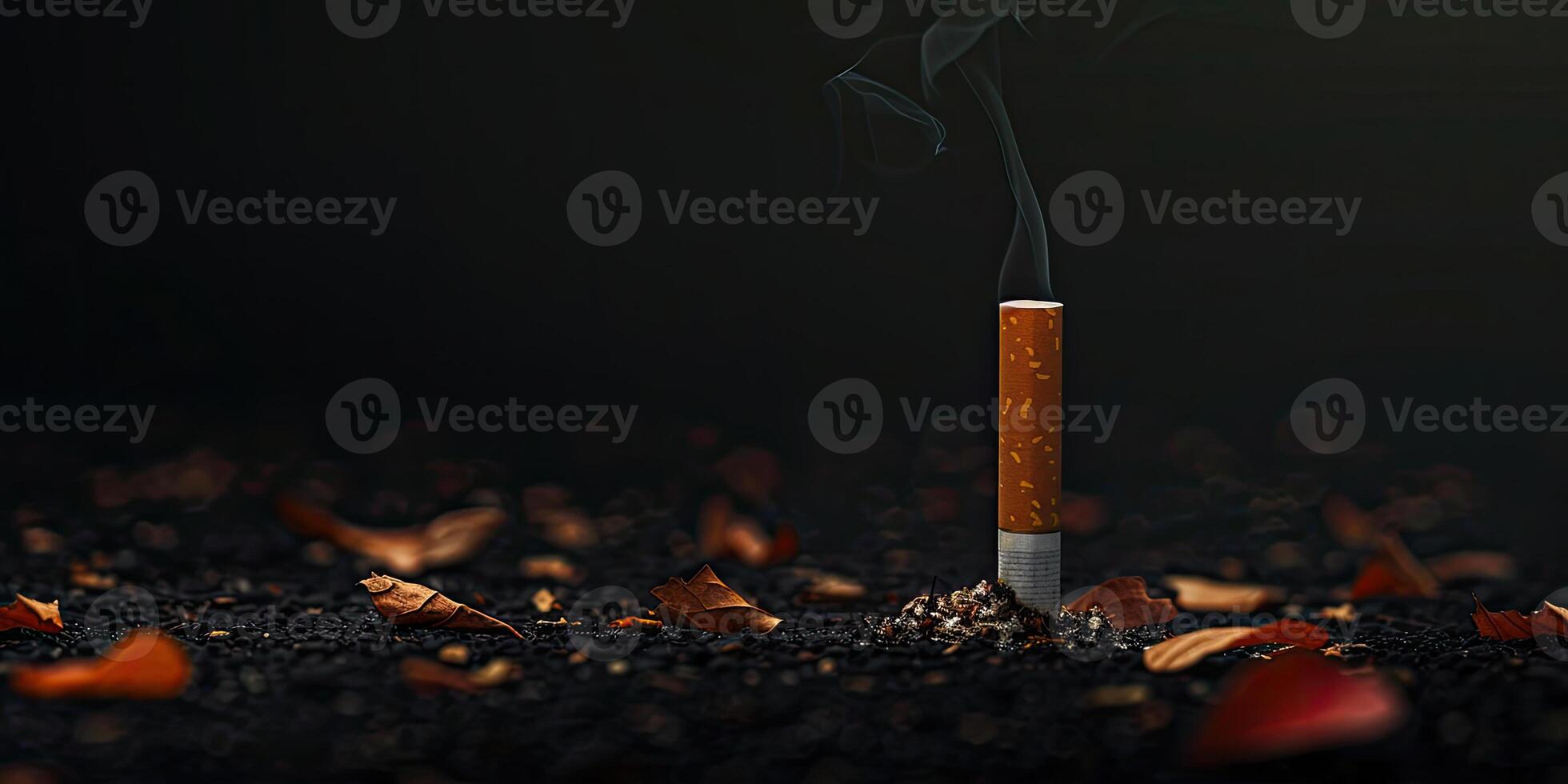 Single lit cigarette standing upright on dark surface with ash and smoke with empty space. Concept of smoking dangers and health risks. No tobacco day. Ai generation. photo