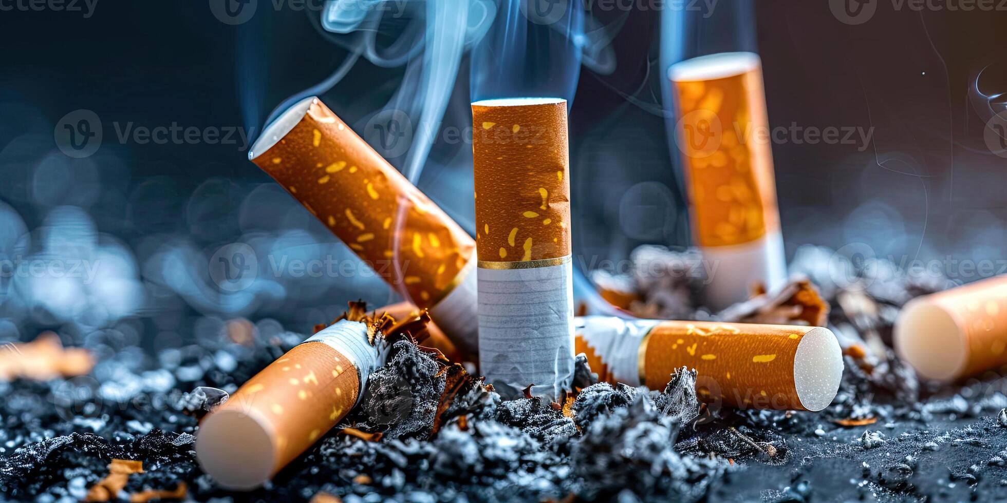 Extinguished cigarettes with smoke rising from the filter among ashes, against dark, blurred background. End of smoking and the concept of quitting. Ai generation. photo