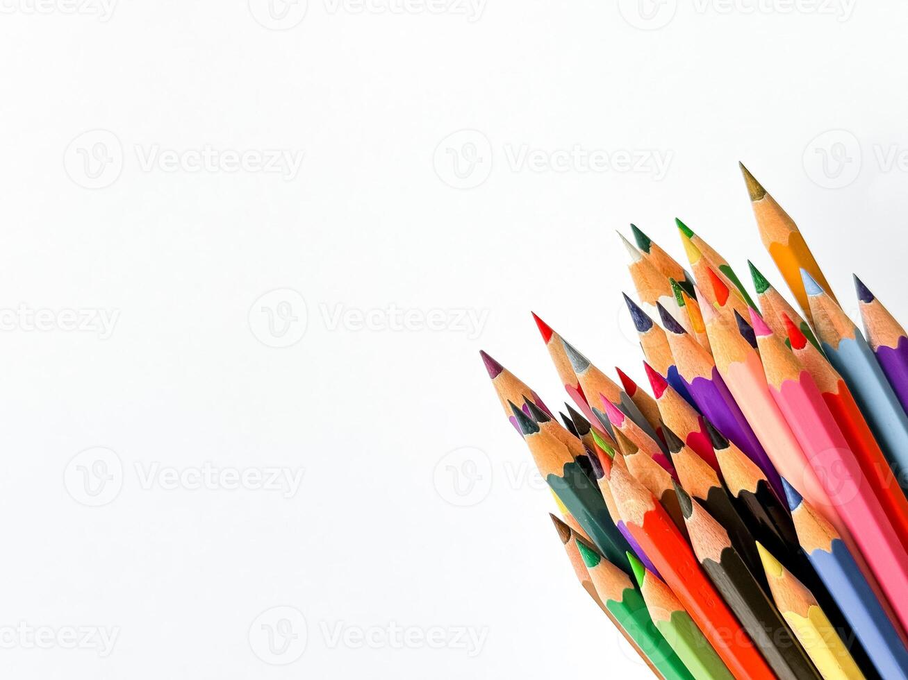 Assorted sharpened colorful pencils pointing up on white background with copy space for text. Concept of artistic or school supplies for design, teaching and educational purposes. photo