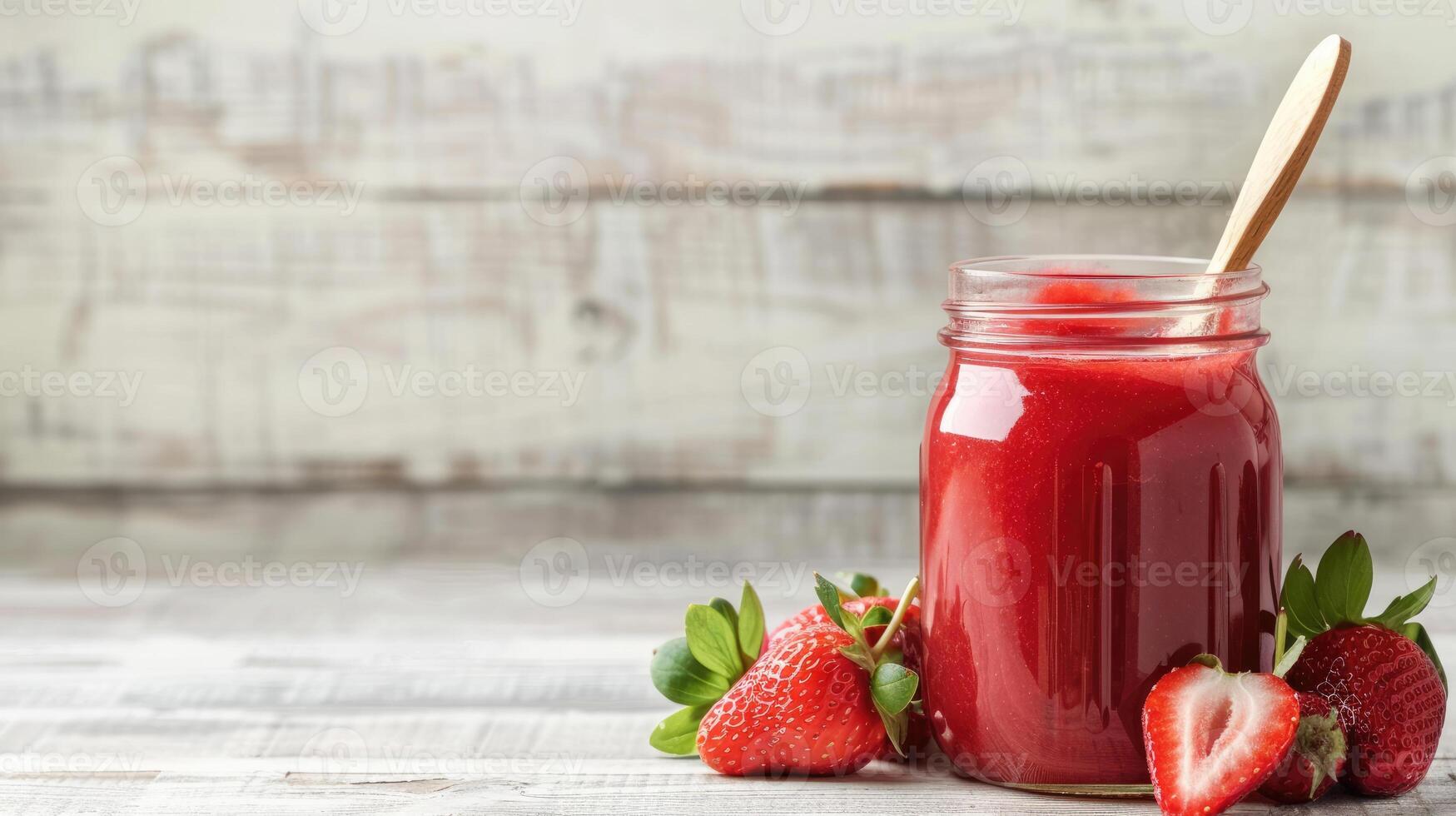 Strawberry puree in glass jar with wooden spoon and whole strawberries on white rustic wooden background with empty space. Healthy food and cooking concept. Ai generation. photo