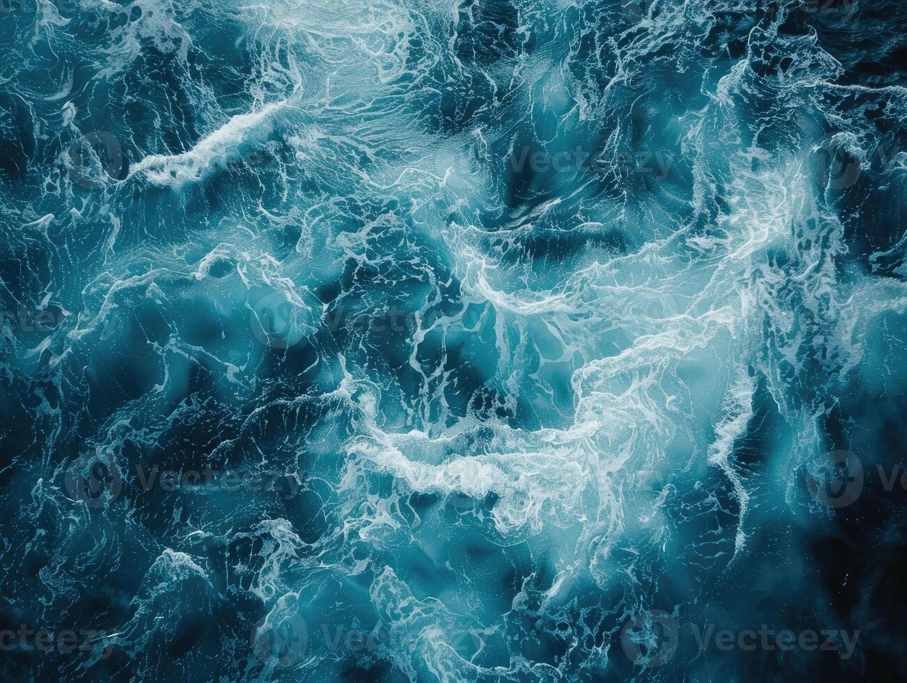 Top view of ocean waves churning with foam, creating intricate patterns of white and deep blue, dynamic water texture. Marine background. Ai generation photo