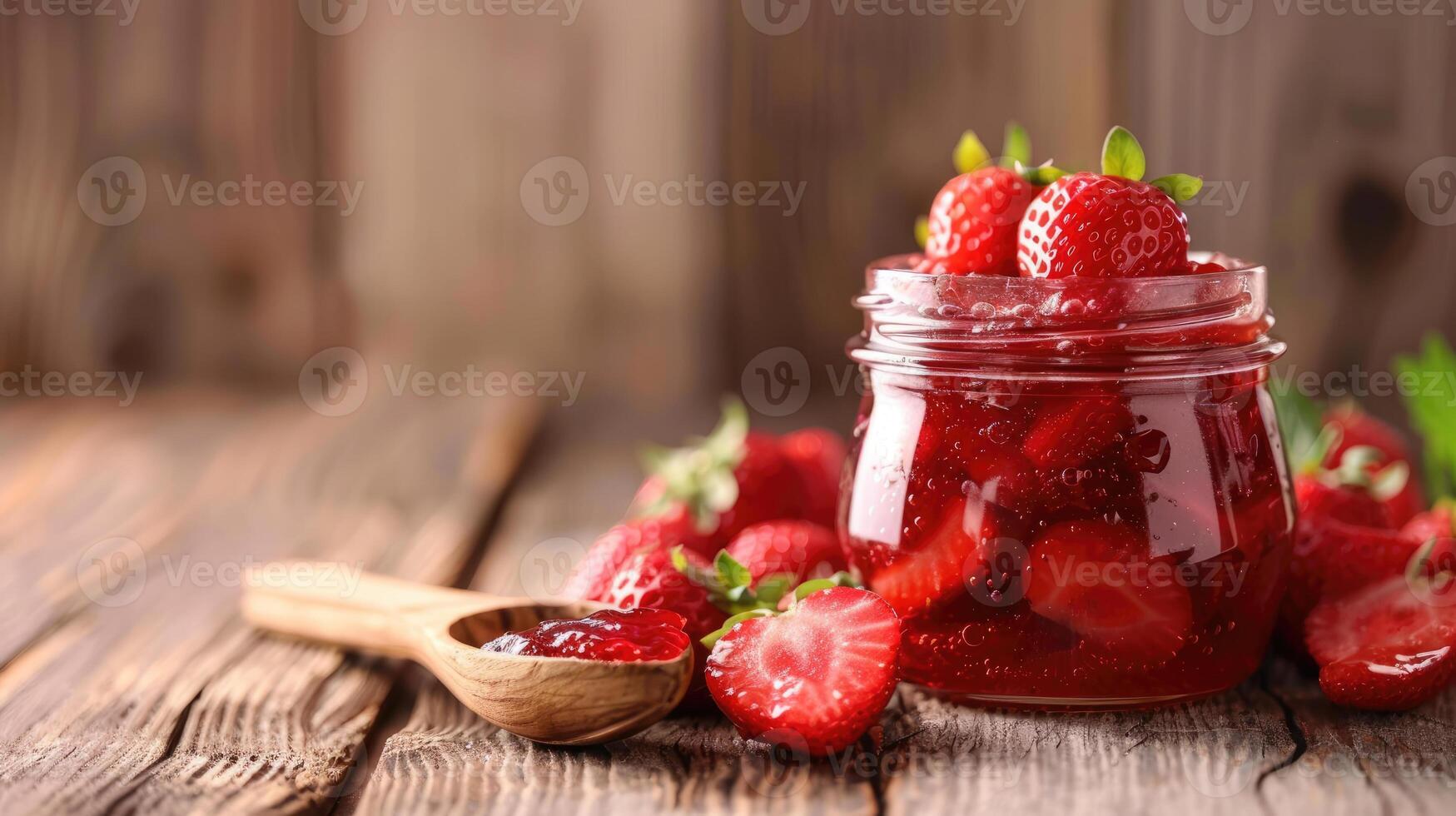 Homemade strawberry jam in glass jar with fresh strawberries on rustic wooden table. Gourmet food and preservation concept. Delicious fruit spread for design and culinary arts. Ai generation photo