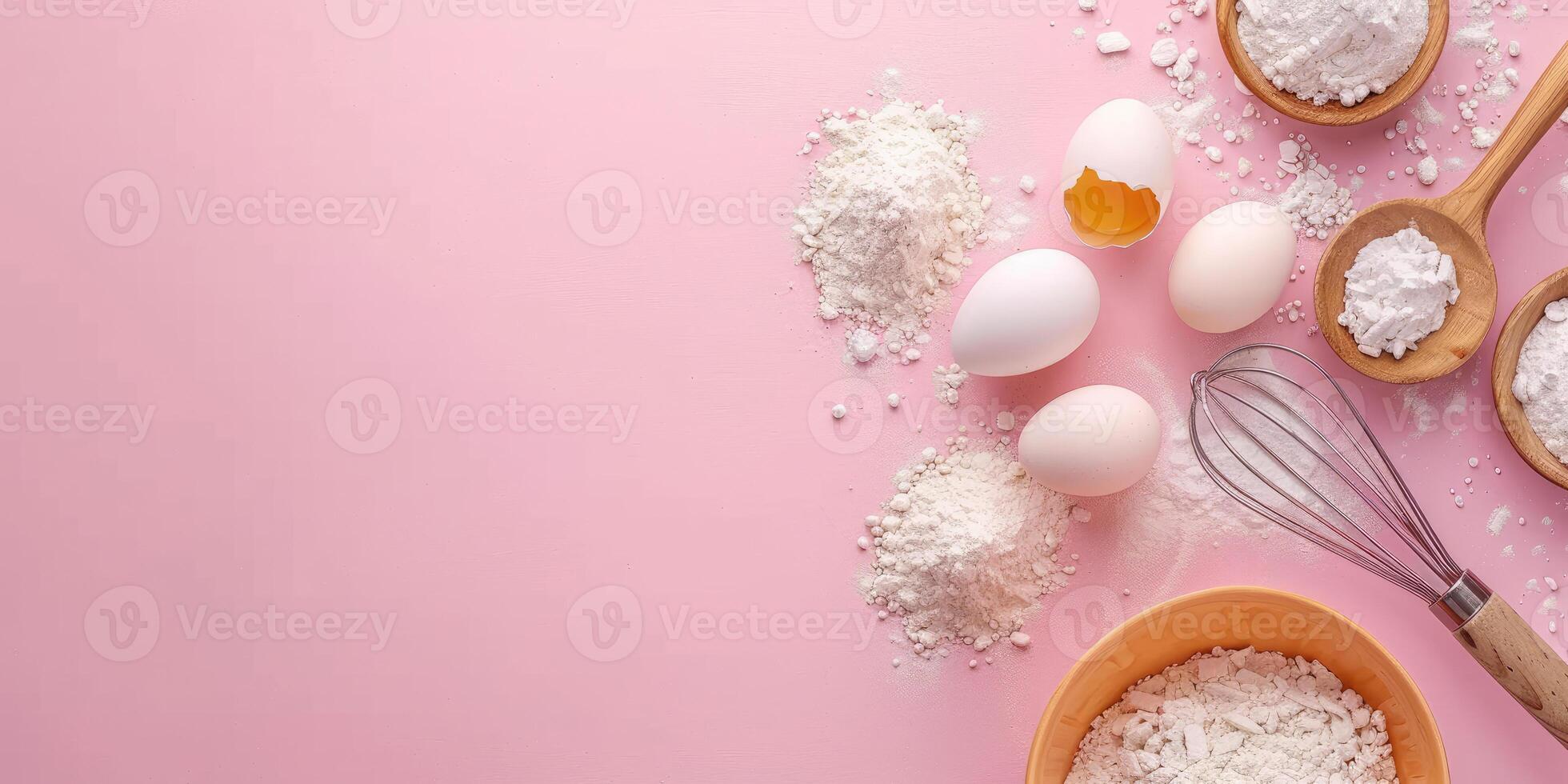 Baking ingredients on pink background with copy space. Eggs, flour in wooden spoons, and whisk. Top view of pastry or cake preparation concept. For recipe layouts, culinary designs. Ai generation. photo