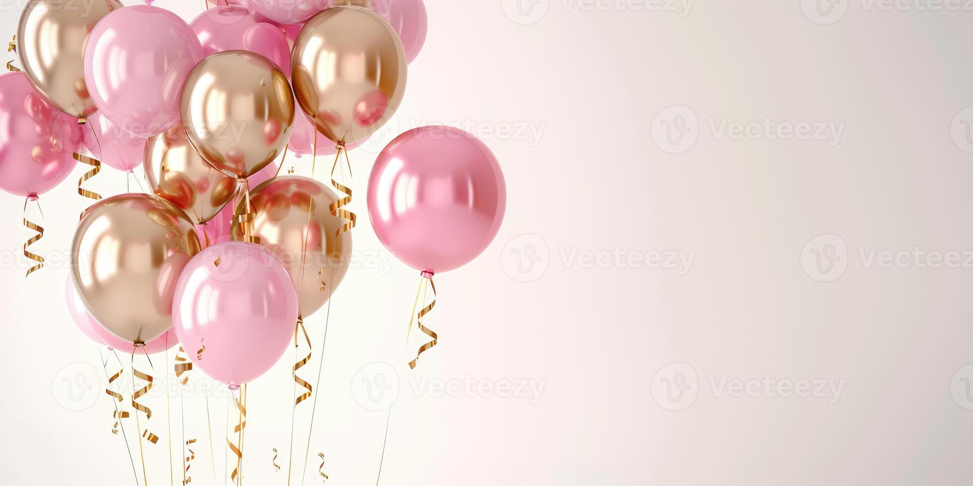 Glossy pink and gold balloons with curly ribbons floating, festive background for birthday party, baby shower, or wedding celebration with copy space. Ai generation. photo