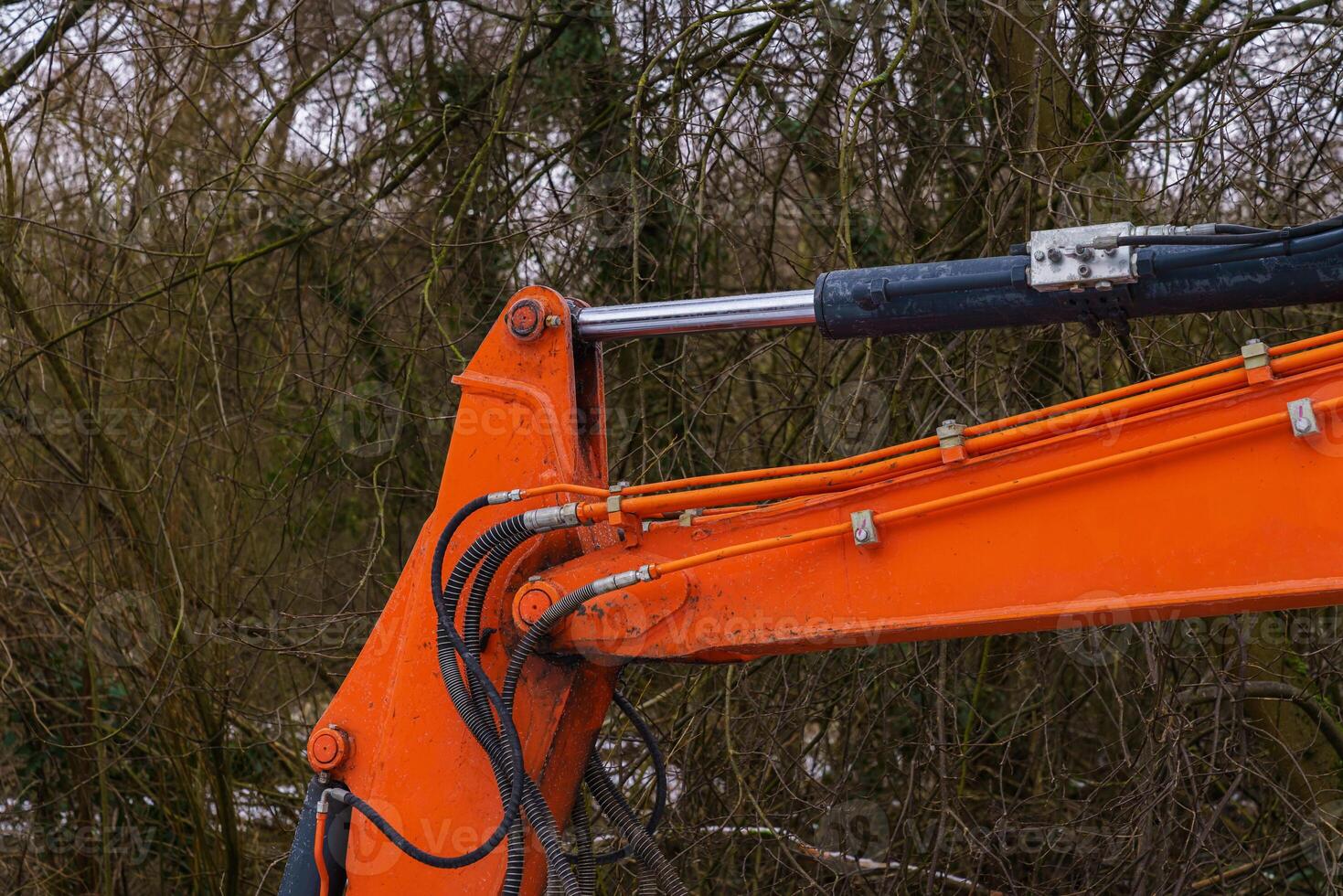 The hydraulic part of the excavator boom against the background of tree branches photo