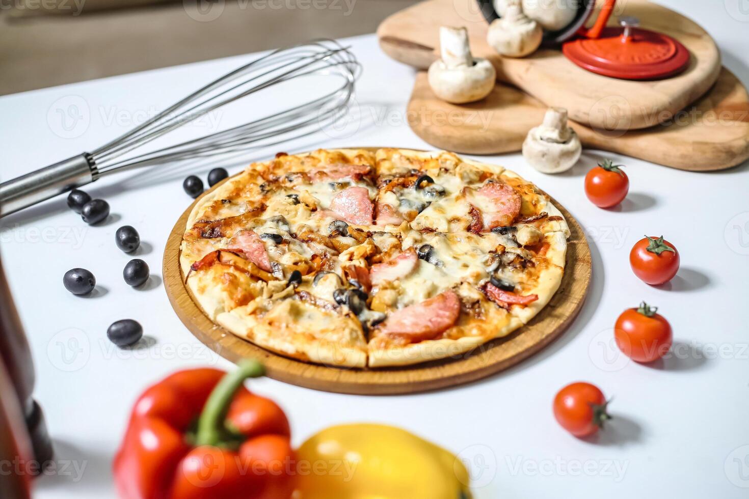 Pizza on White Table - A Tasty Slice of Pizza Resting on a Clean White Surface photo