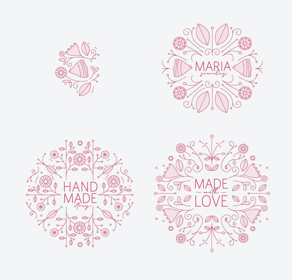 Ethnic floral labels with lettering drawing in linear style on white background vector