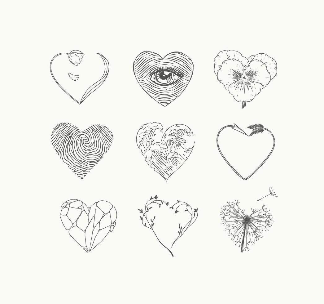 Hearts shape with flower, eye, fingerprint, wave, arrow, stone drawing in graphic style on light background vector