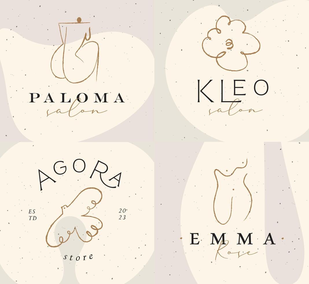 Labels art style woman back, torso, cloud, bird with lettering drawing on beige background vector