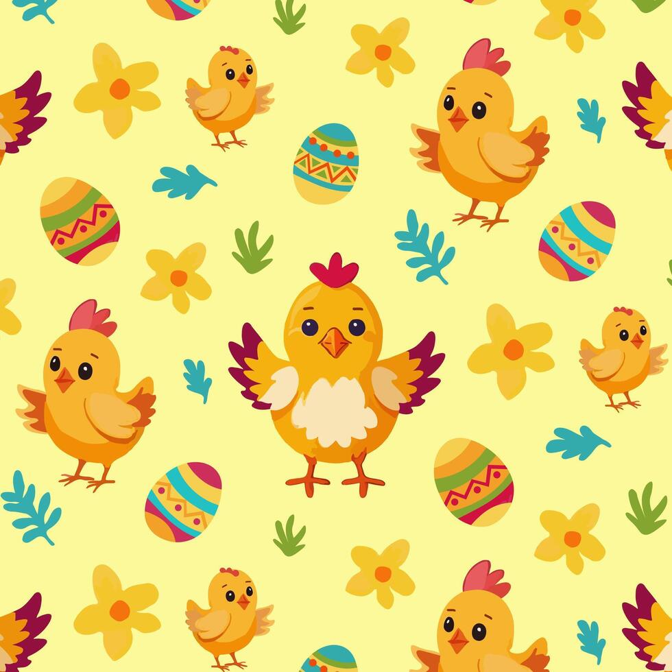 Yellow Easter pattern with chicks, eggs, yellow flowers and grass vector