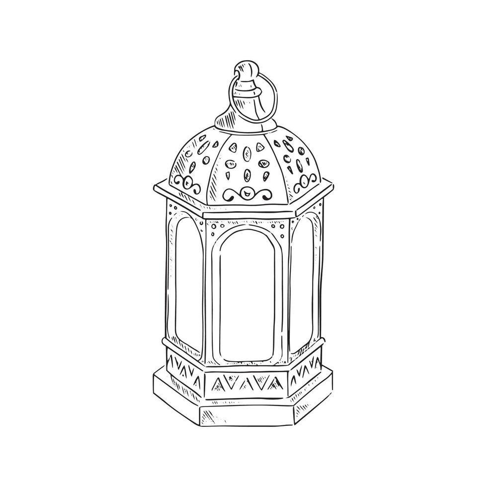 A line drawn illustration of a Moroccan lantern made out of glass panels and metal. Commonly found in the Souks of Morocco. Hand drawn. vector