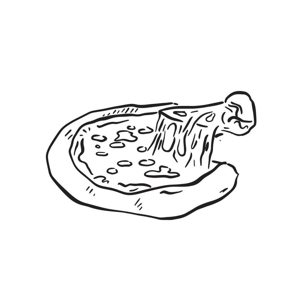 A line drawn illustration of a pizza with a slice being pulled up from the right hand side. Sketchy simple style and shaded with lines. vector