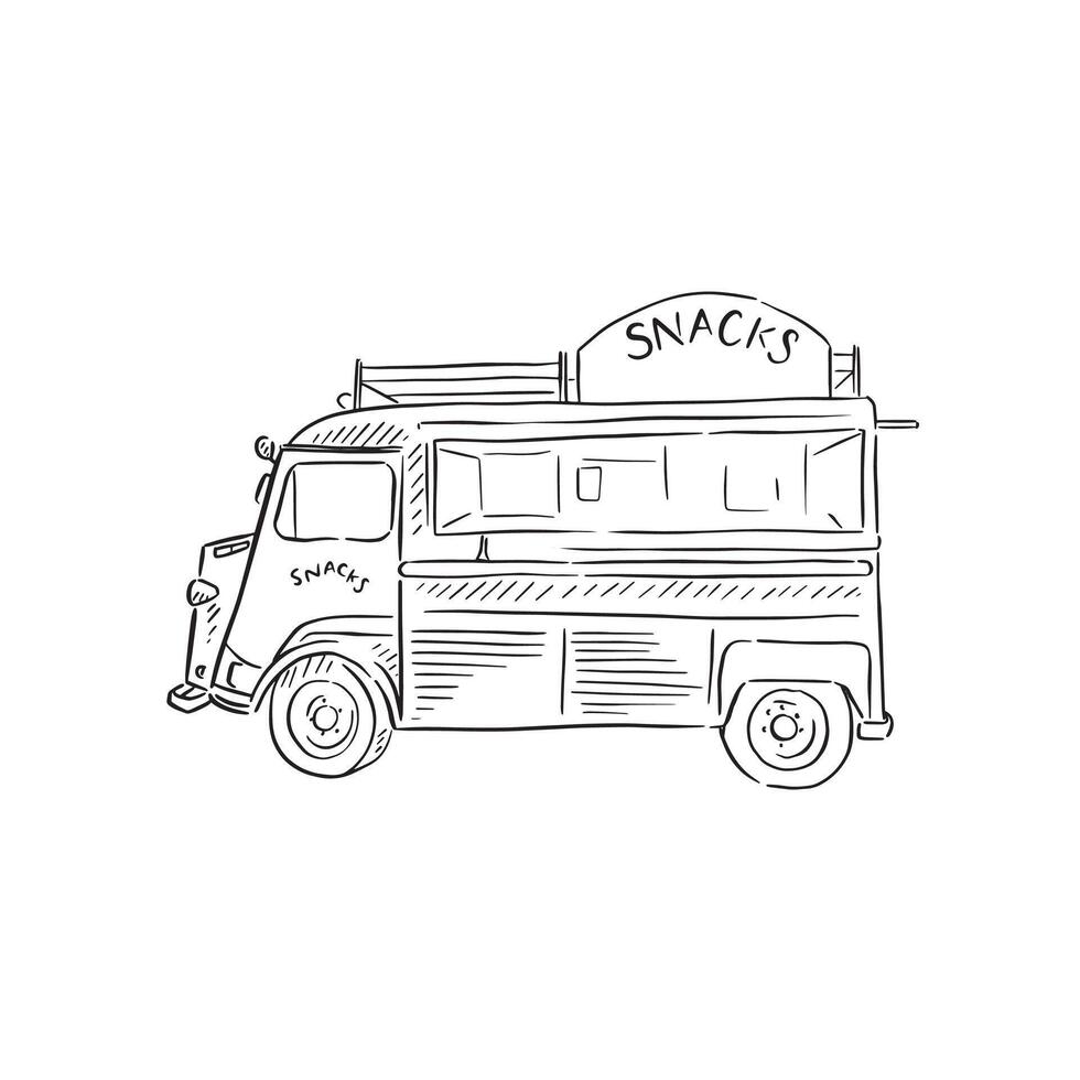 A line drawn illustration of a snack bus. A vehicle used at weddings, festivals and events to serve delicious food. Hand drawn. vector