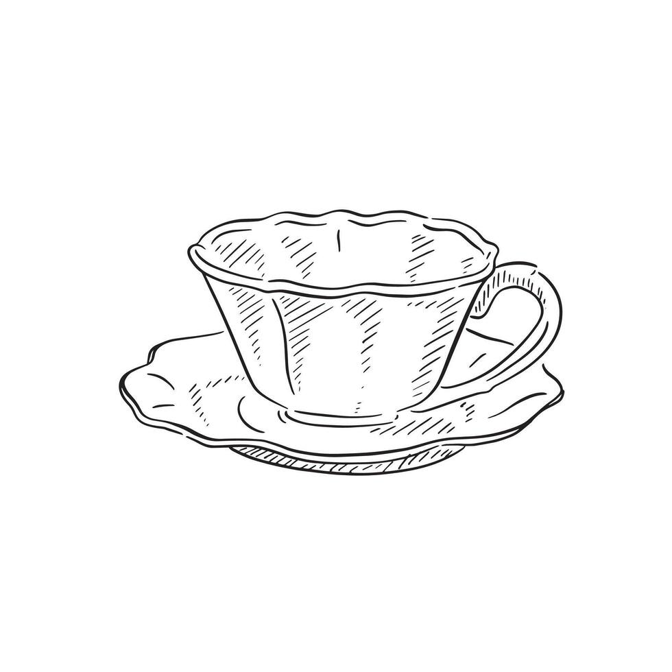 A line drawn illustration of a cup and saucer with a wavy rim. Hand drawn vector