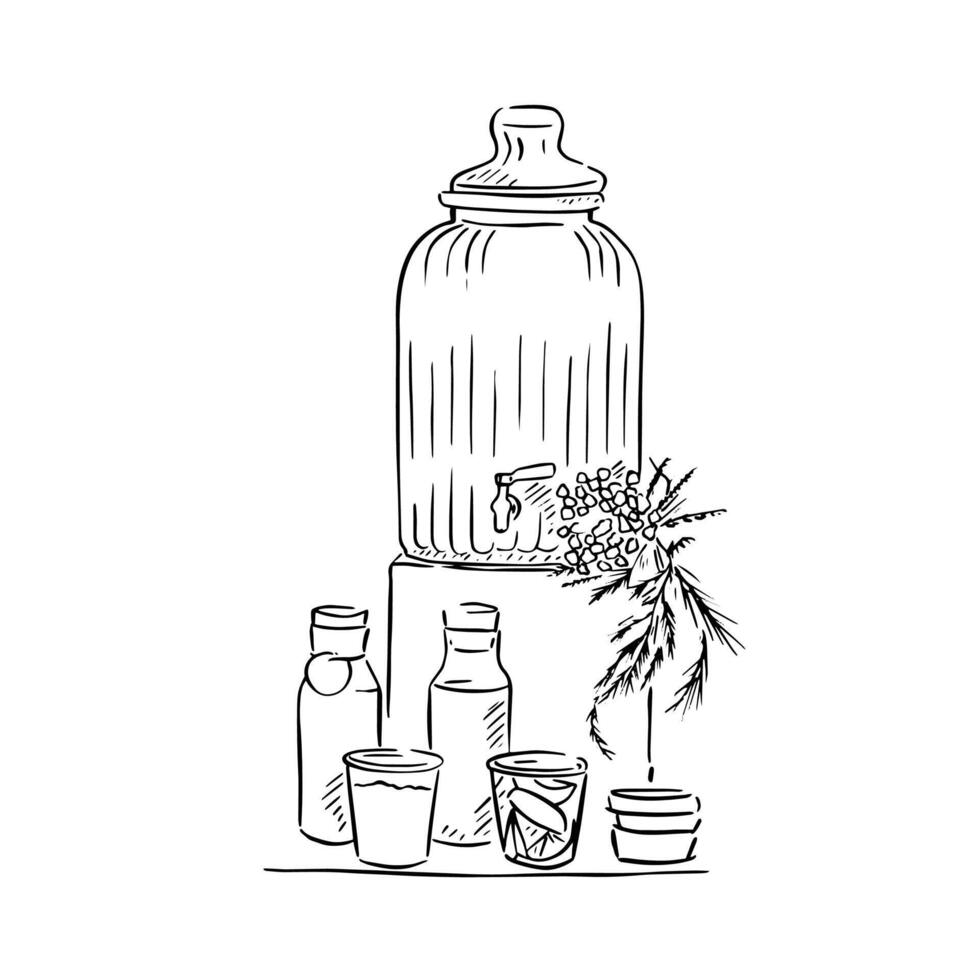 A wedding drinks station for those who wish for non alcoholic drinks. Hand drawn selection of glasses and foliage. vector