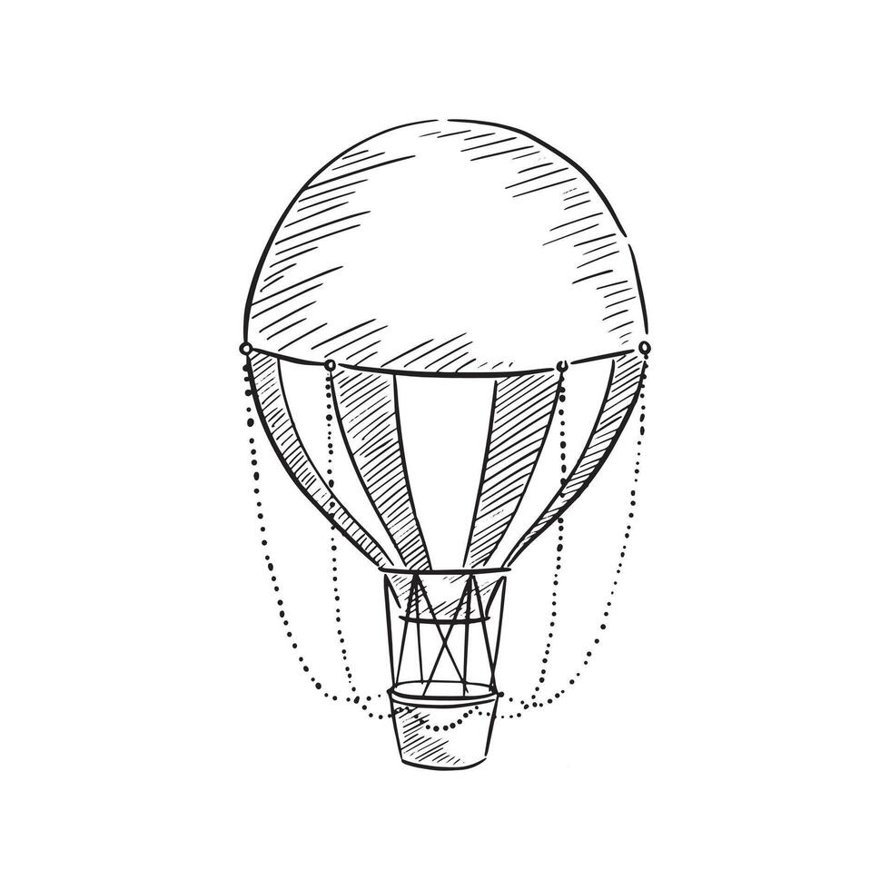 A line drawn hot air balloon with decorative elements such as rope around the edge. Black and white line drawing by hand vector