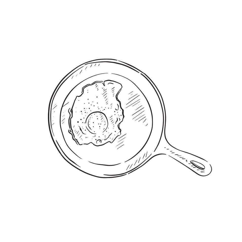 A fried egg in a skillet. Black and white and drawn by hand, this features a fried egg in a sketchy style. vector