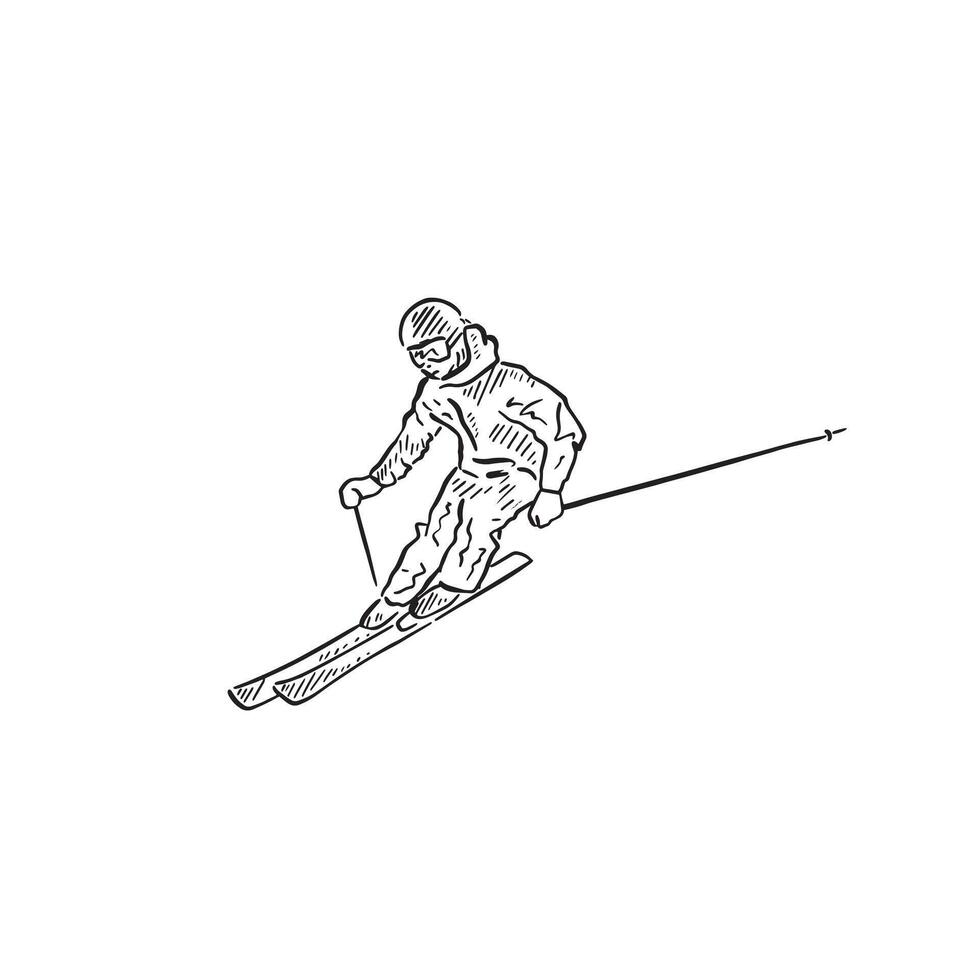 A line drawn person skiing. Drawn in black and white with snow flakes in the air. Pro skiier hand drawn on Procreate using an Apple pencil. Print vector