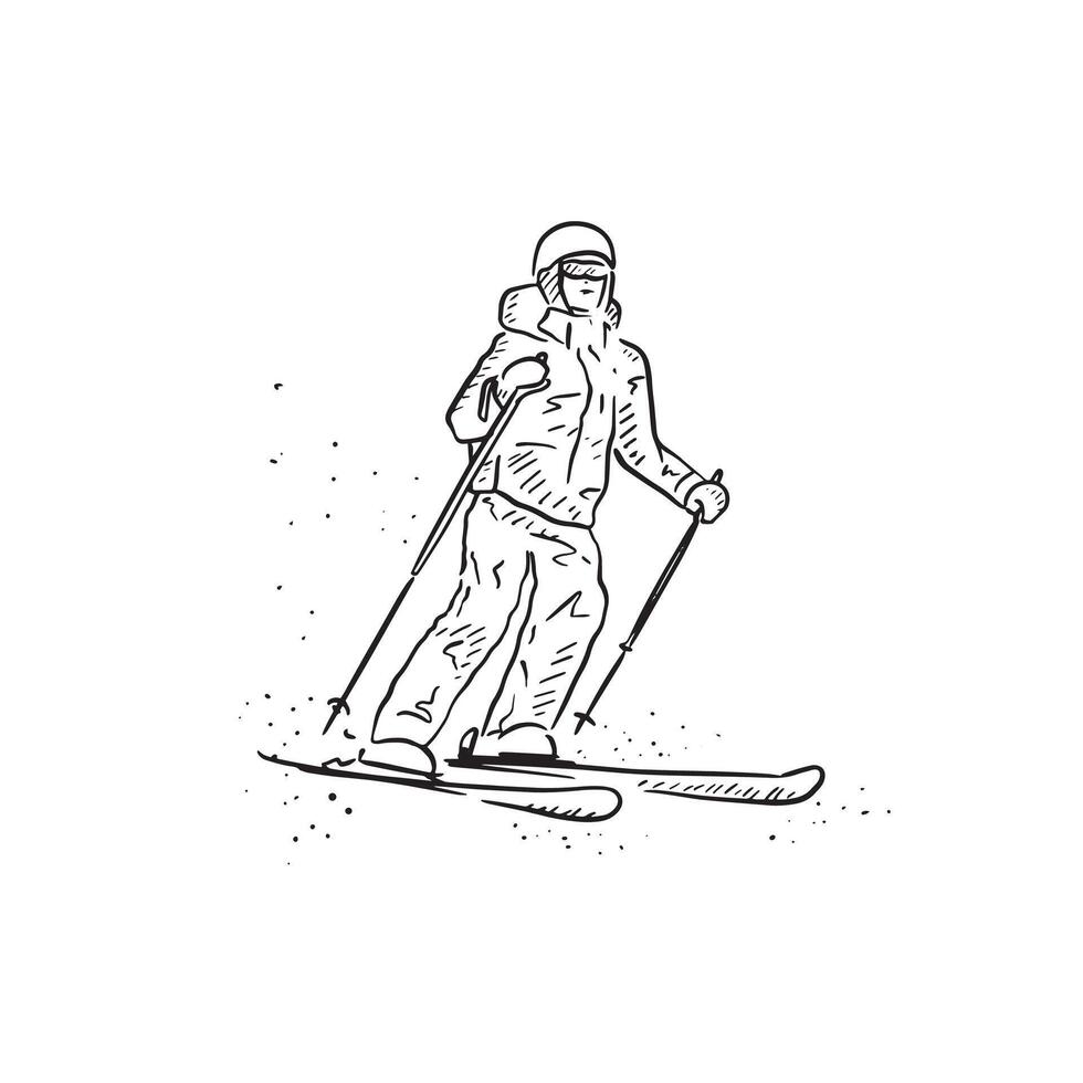A line drawn person skiing. Drawn in black and white with snow flakes in the air. Pro skiier hand drawn on Procreate using an Apple pencil. Print vector
