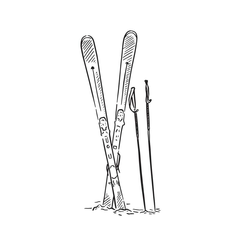 A line drawn illustration in black and white of skis and ski poles in snow. No background. Hand drawn and shaded in black lines on Procreate using an Apple Pencil. vector