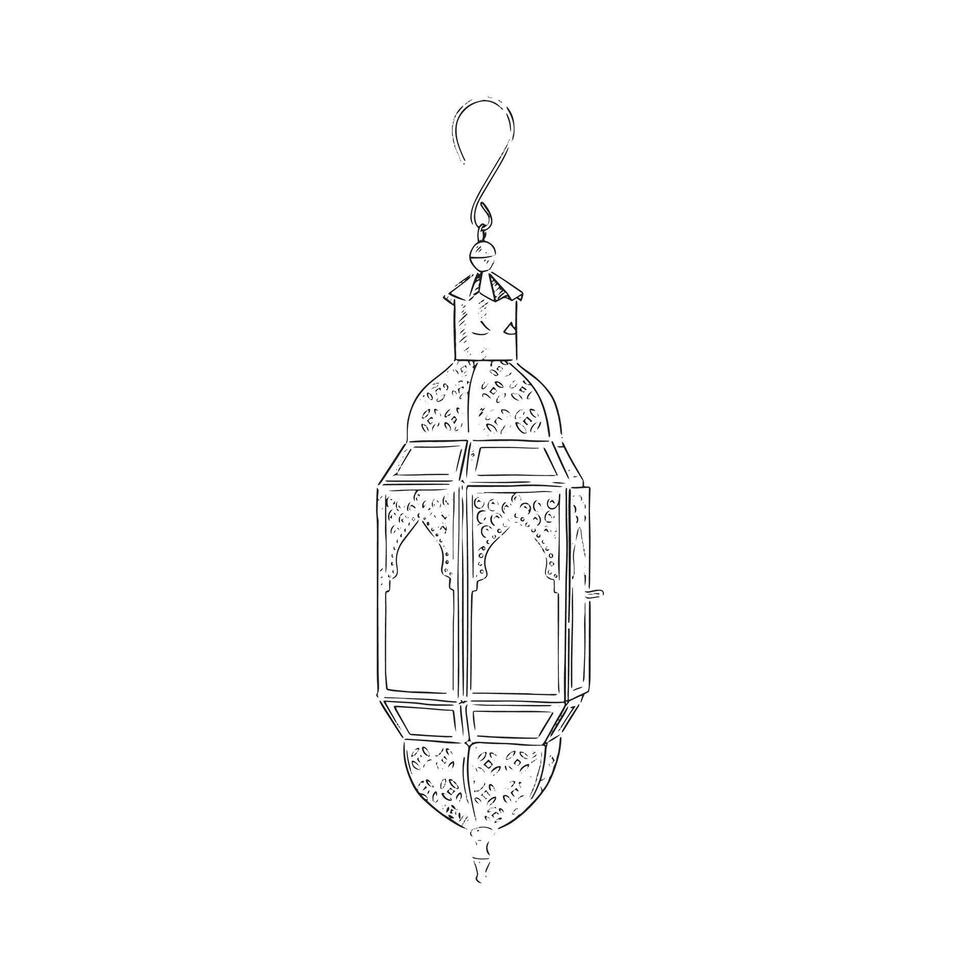 A line drawn illustration of a Moroccan lantern made out of glass panels and metal. Commonly found in the Souks of Morocco. Hand drawn. vector