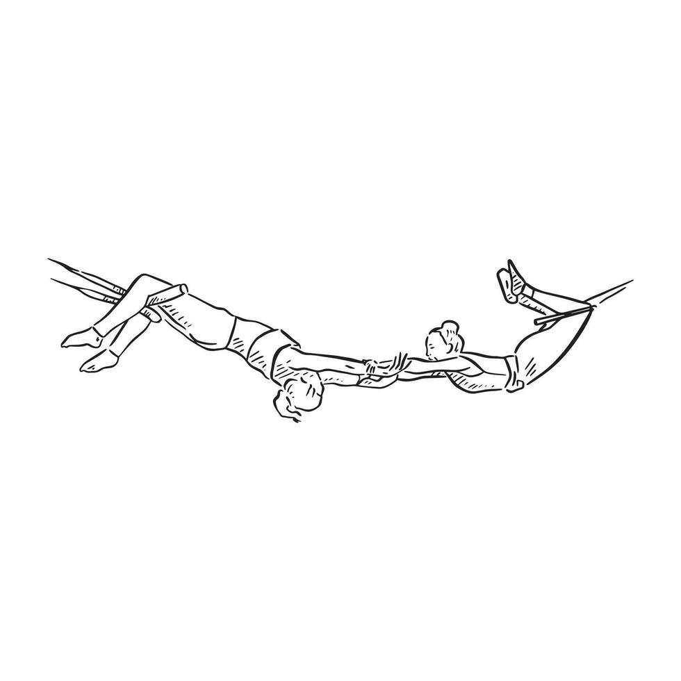 Line drawn acrobats flying through the air. Hand drawn line art featuring two people on a trapeze. vector