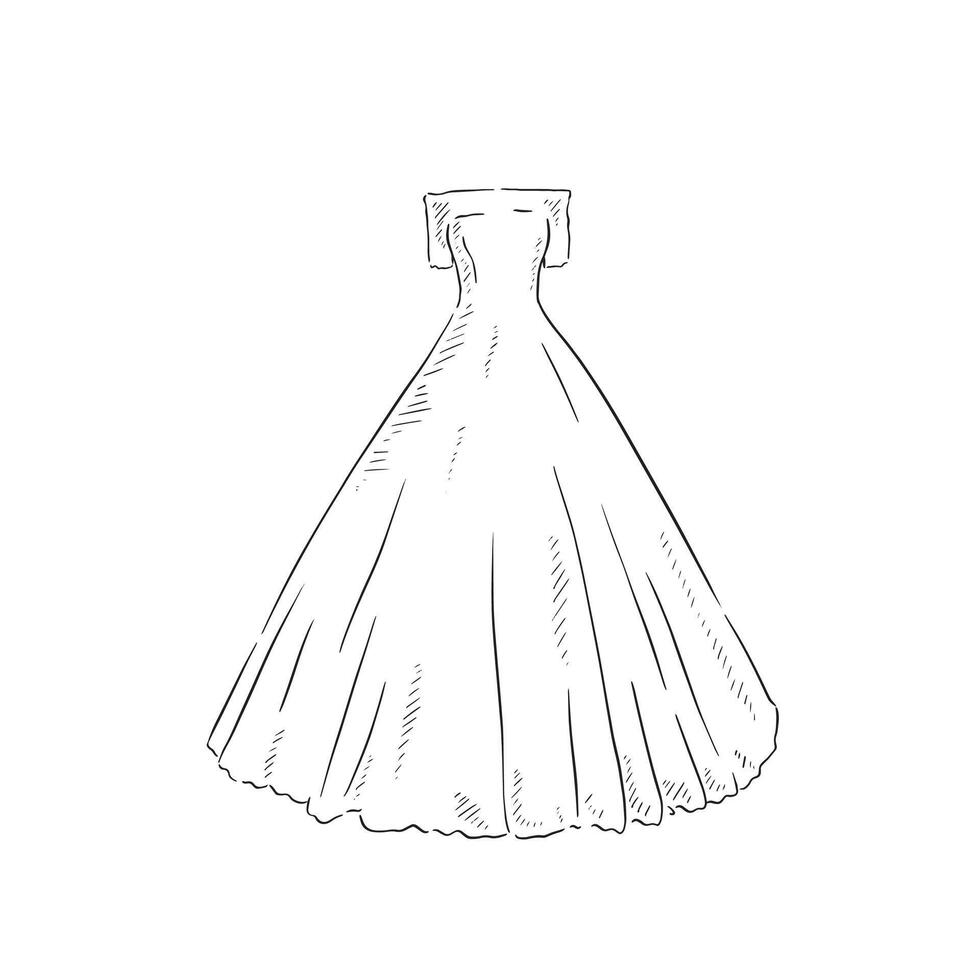 A line drawn illustration of an off the shoulder A-Line dress, which could be used for bridal boutiques, wedding blogs and so much more vector